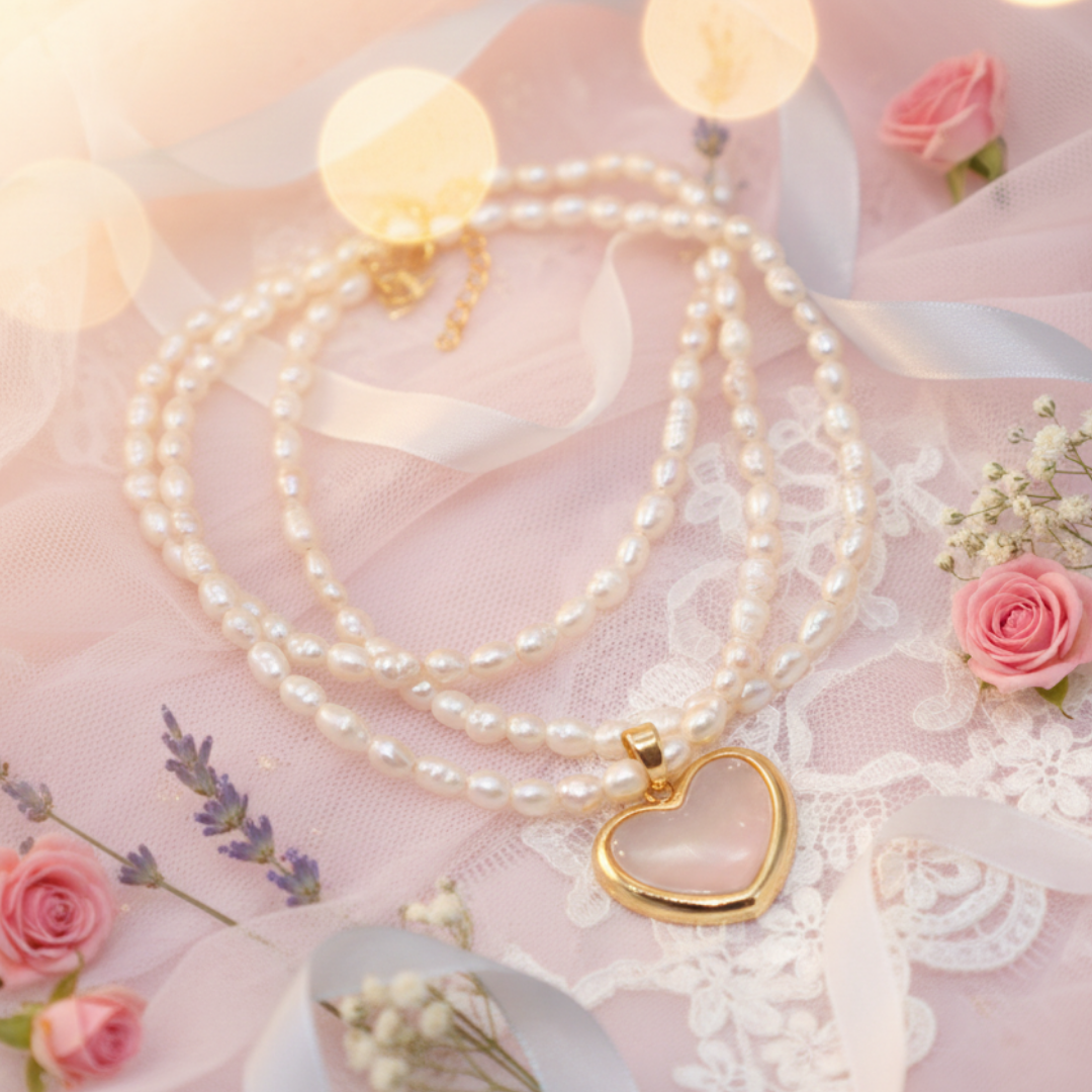 Sienna Heart Charm and Seed Pearls Necklace