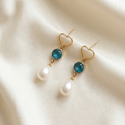 Arabella Heart, Birthstone & Teardrop Pearl Earrings