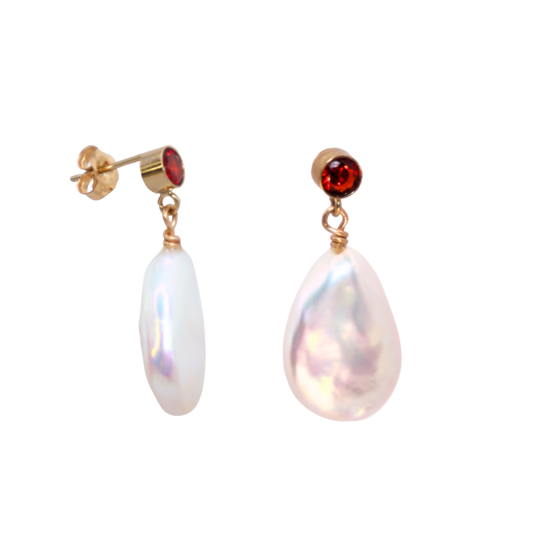 Ophelia Red Zircon and Flat Teardrop Pearl Earrings