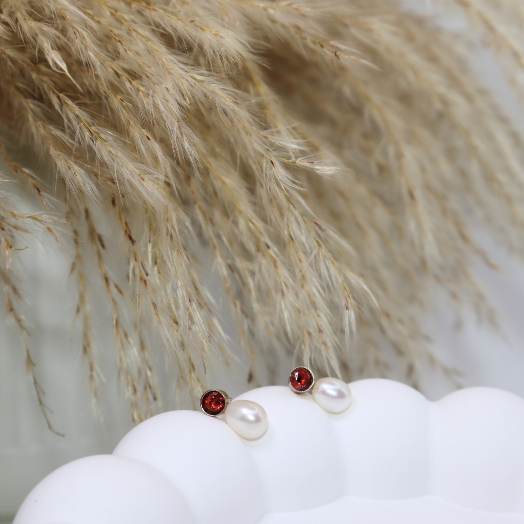 Calla Red Zircon and Teardrop Pearl Earrings