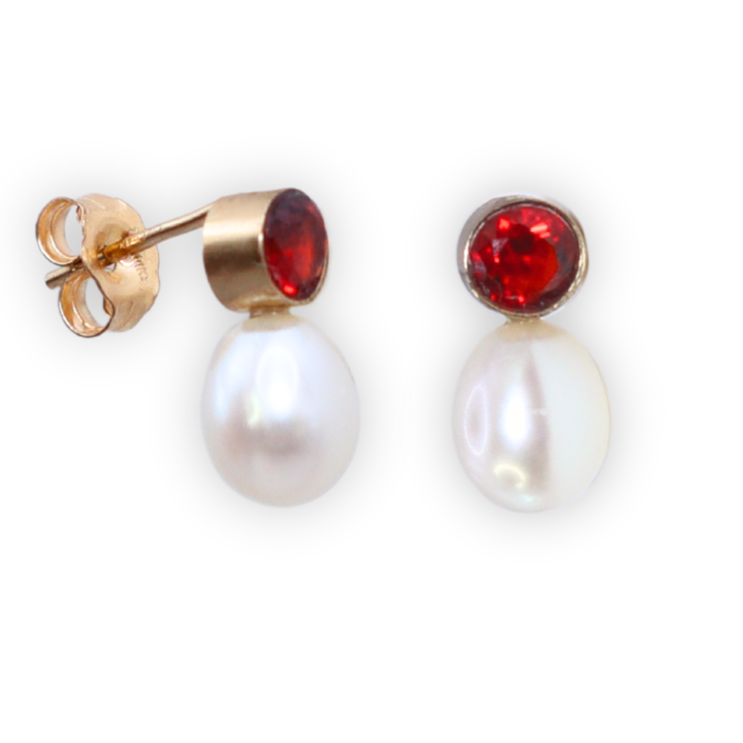 Calla Red Zircon and Teardrop Pearl Earrings