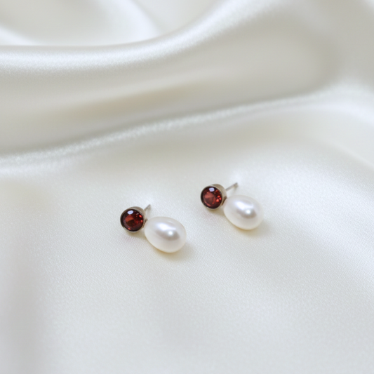 Calla Red Zircon and Teardrop Pearl Earrings