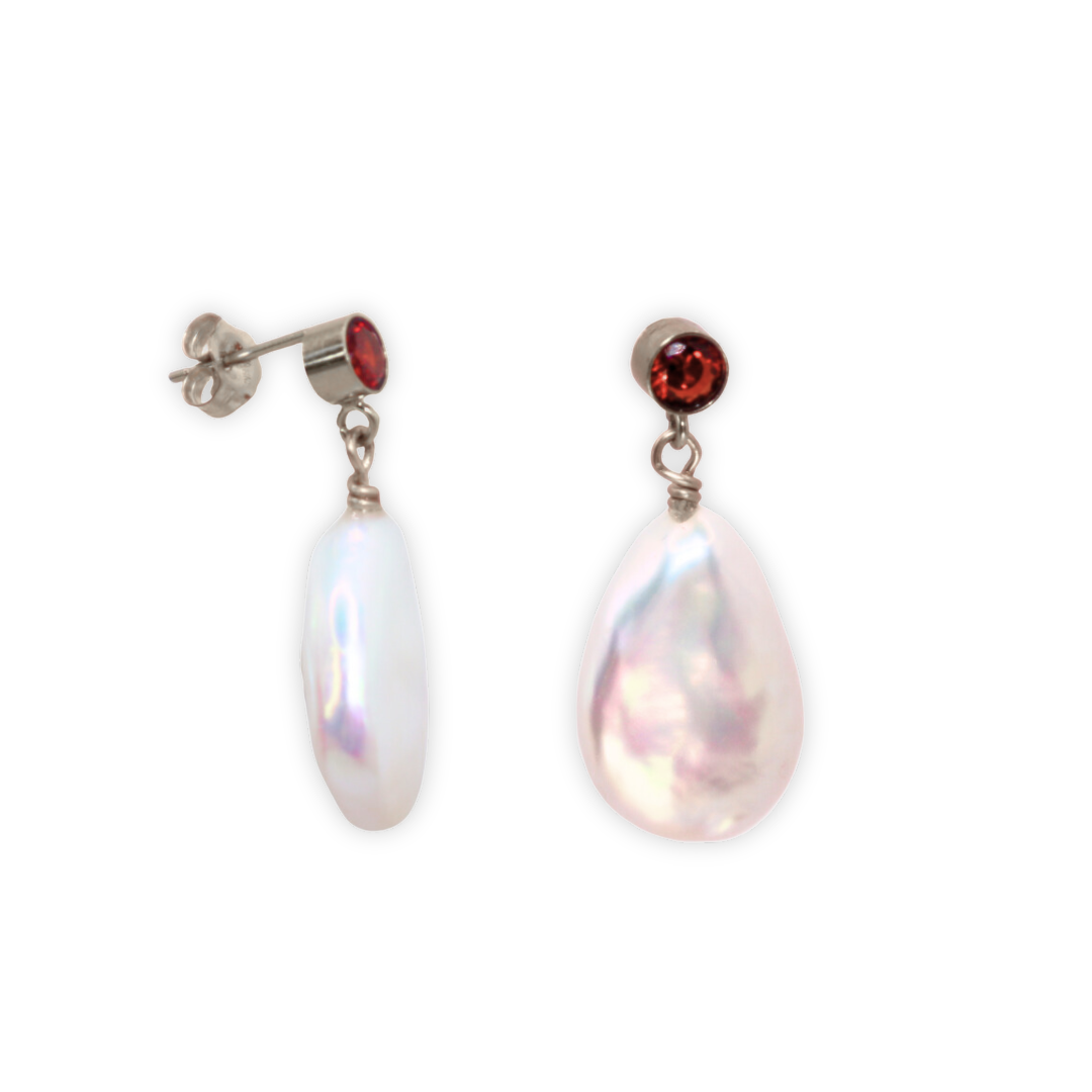 Ophelia Red Zircon and Flat Teardrop Pearl Earrings