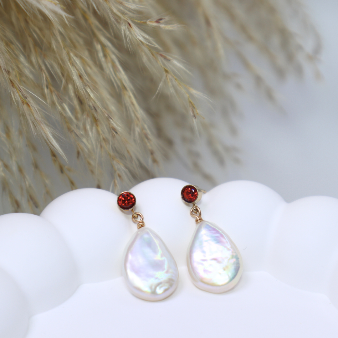 Ophelia Red Zircon and Flat Teardrop Pearl Earrings