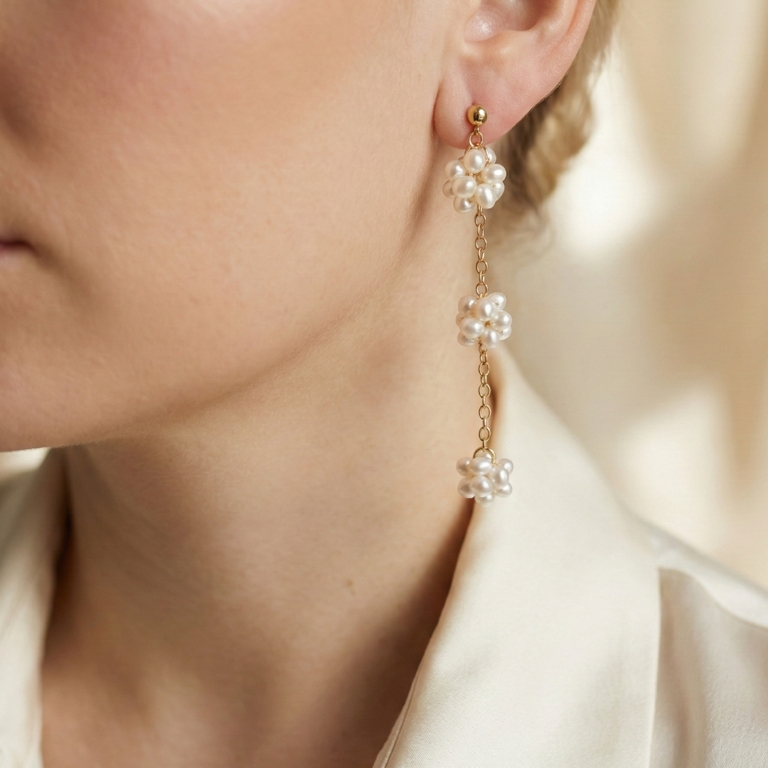Rosalie Triple Pearl Blossom Drop Earrings