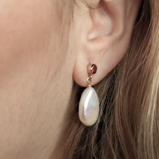 Ophelia Red Zircon and Flat Teardrop Pearl Earrings