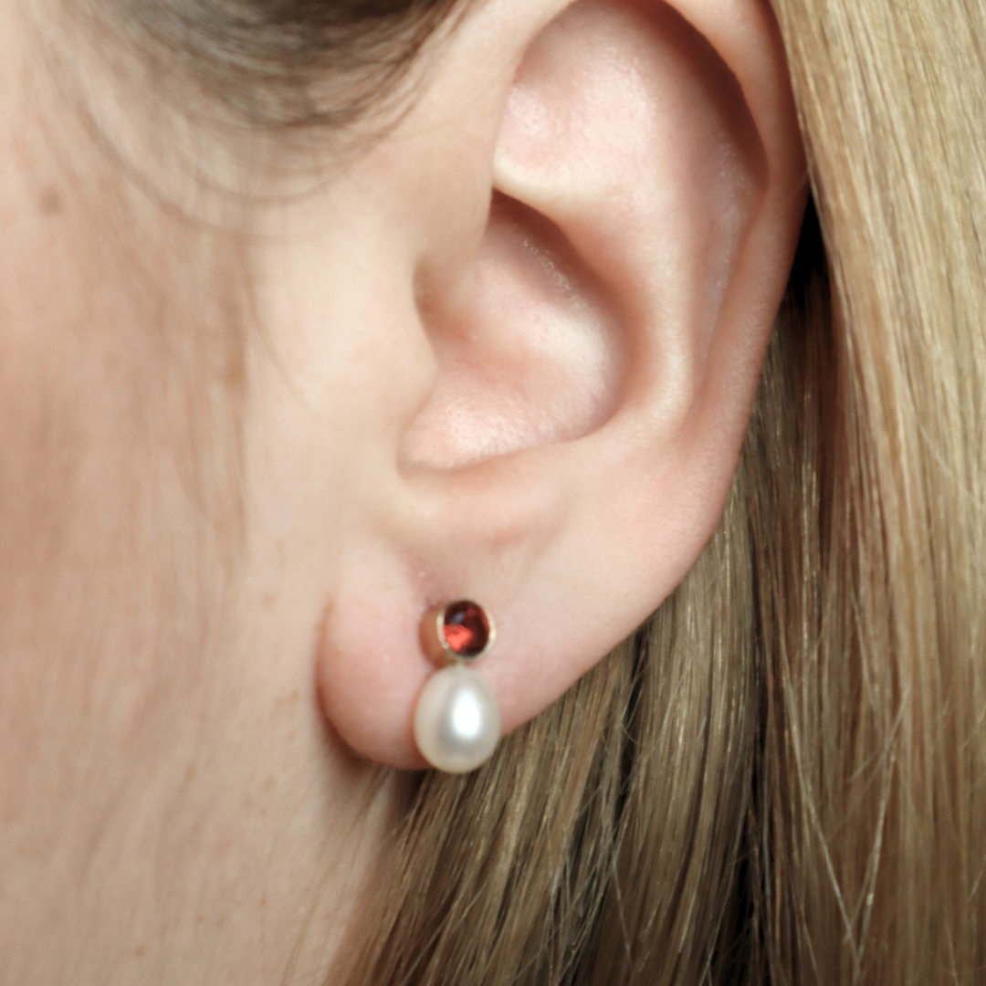 Calla Red Zircon and Teardrop Pearl Earrings