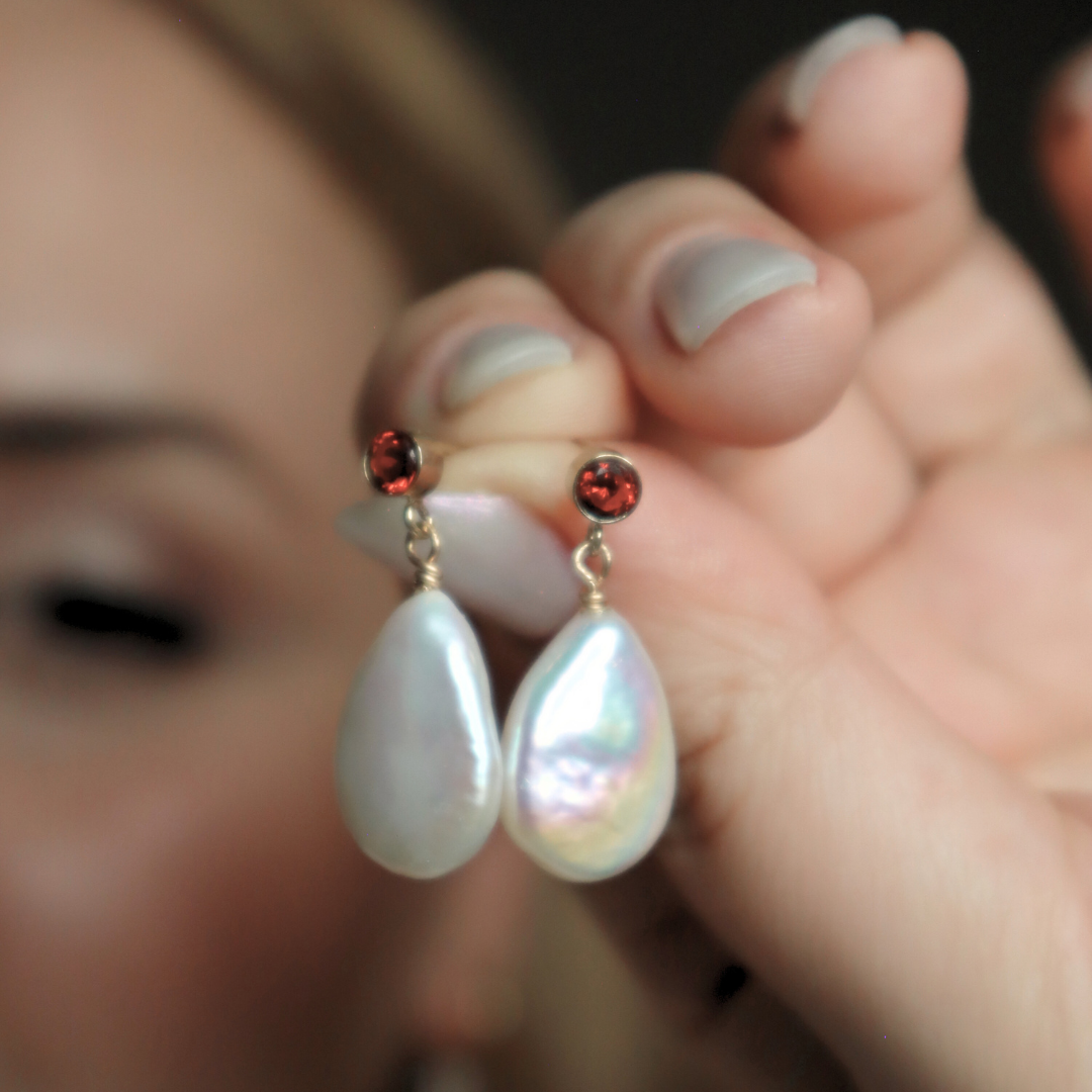 Ophelia Red Zircon and Flat Teardrop Pearl Earrings