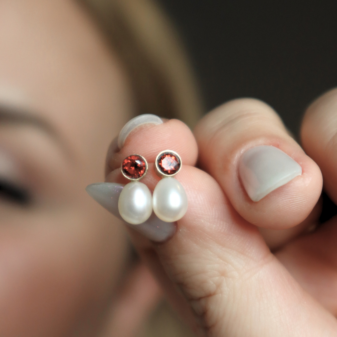 Calla Red Zircon and Teardrop Pearl Earrings