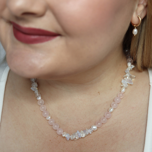 Rosé Glow - Crystal Beads, Clear Opal Chips and Baroque Pearls Necklace