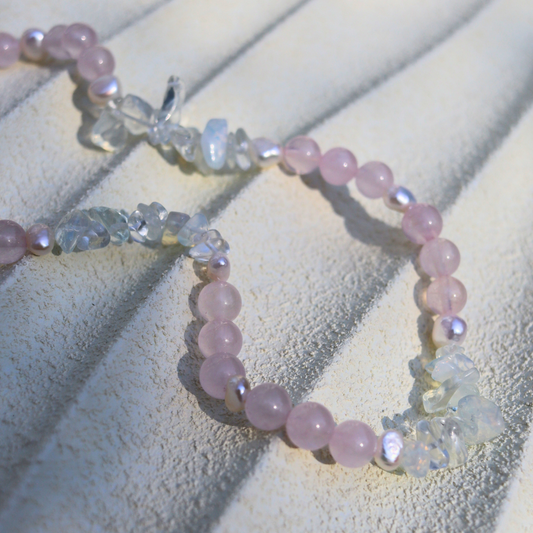 Blush Horizon - Crystal Beads & Clear Opal Chips with Flat Teardrop Pearls Necklace