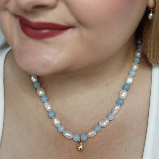 Seafoam Charm - Crystal Beads Necklace with Baroque Pearls & a Golden Droplet Pendant