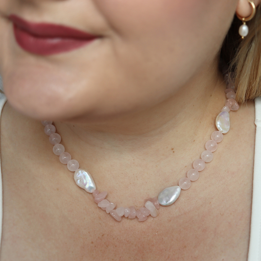 Blush Horizon - Crystal Beads & Clear Opal Chips with Flat Teardrop Pearls Necklace