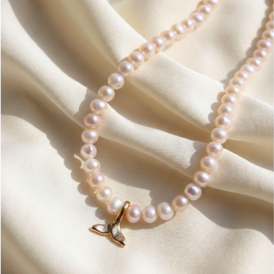 Ocean Drift - Potato Pearls & a Gold Dolphin Tail Charm Necklace