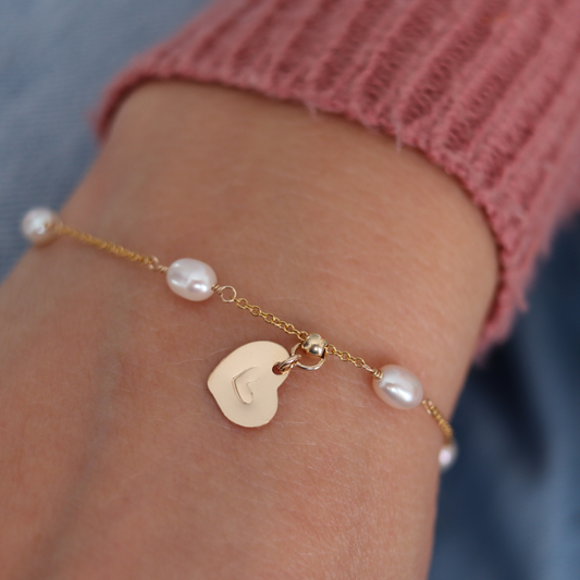 Linked Hearts Pearl Bracelet with Personalised Heart Charm