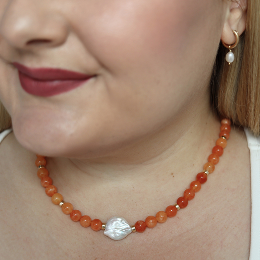 Sunset Ember - Flat Baroque Pearl, Crystal Beads & Metal Rondelles