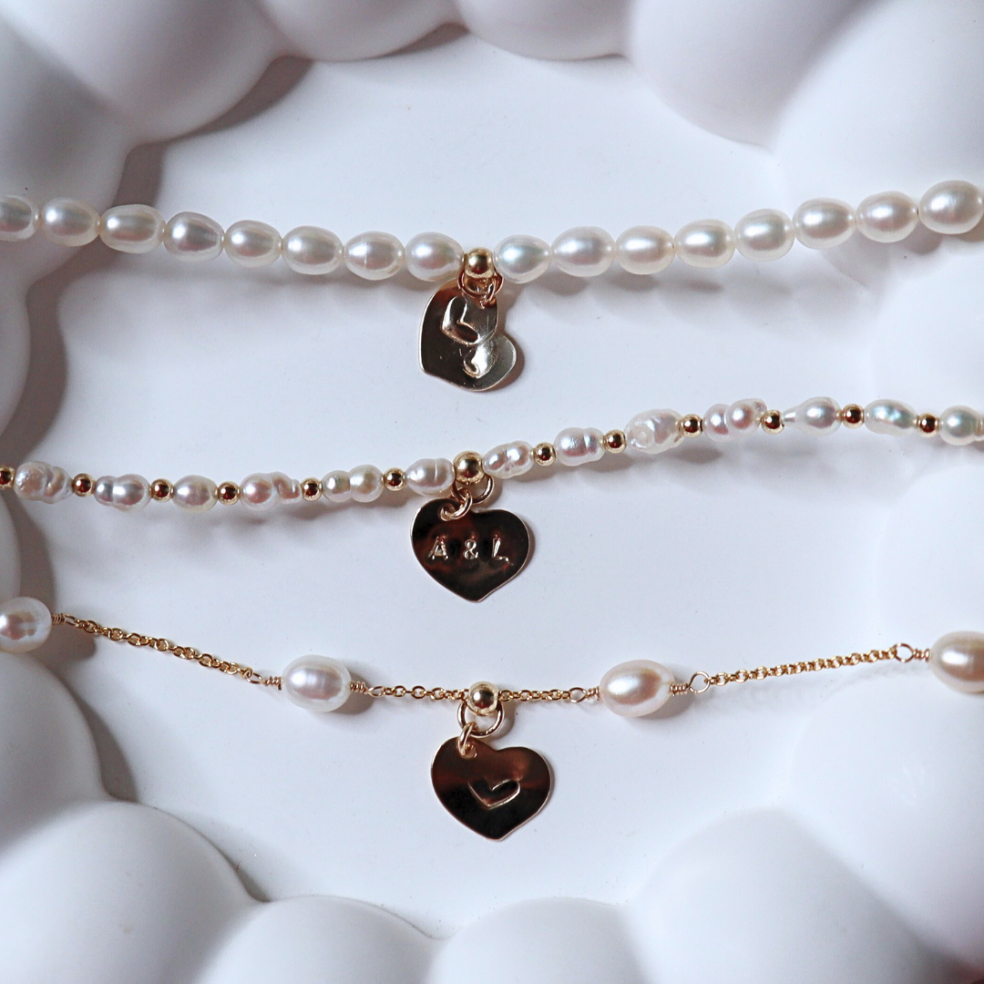 Linked Hearts Pearl Necklace with Personalised Heart Charm