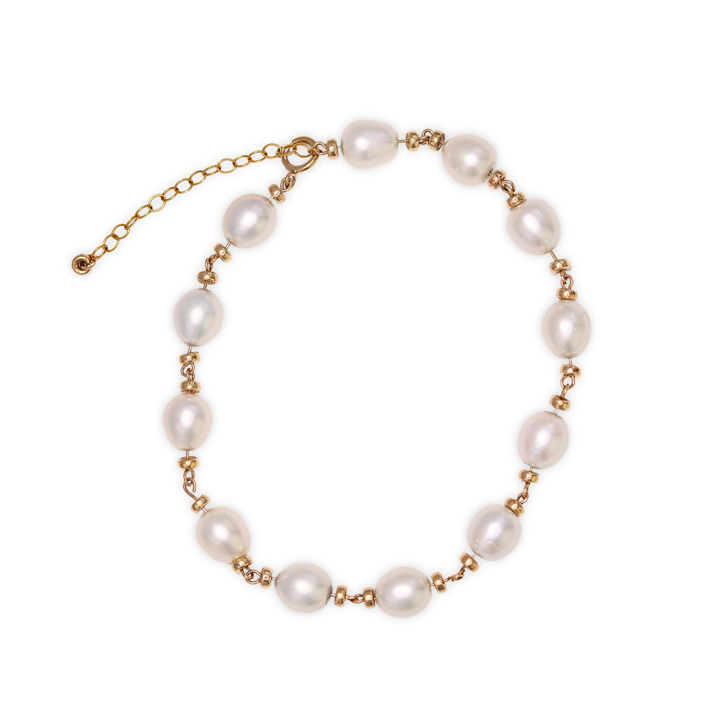 A stunning bracelet featuring lustrous white pearls and gold rondelle beads intertwined with a luxurious gold chain, perfect for any occasion.