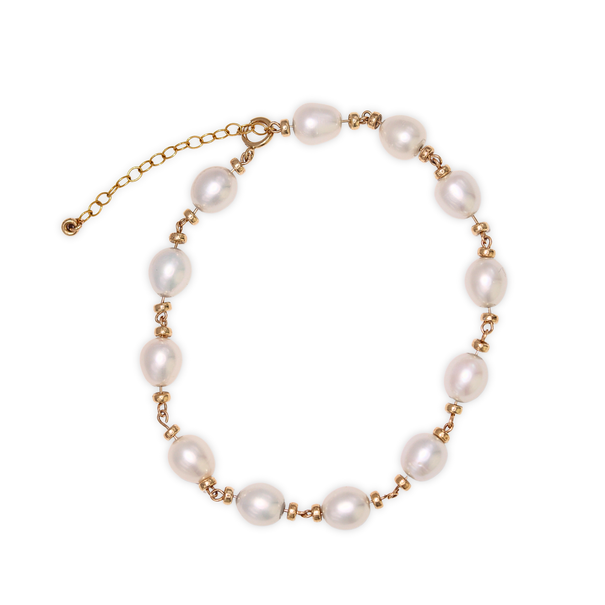 A stunning bracelet featuring lustrous white pearls and gold rondelle beads intertwined with a luxurious gold chain, perfect for any occasion.