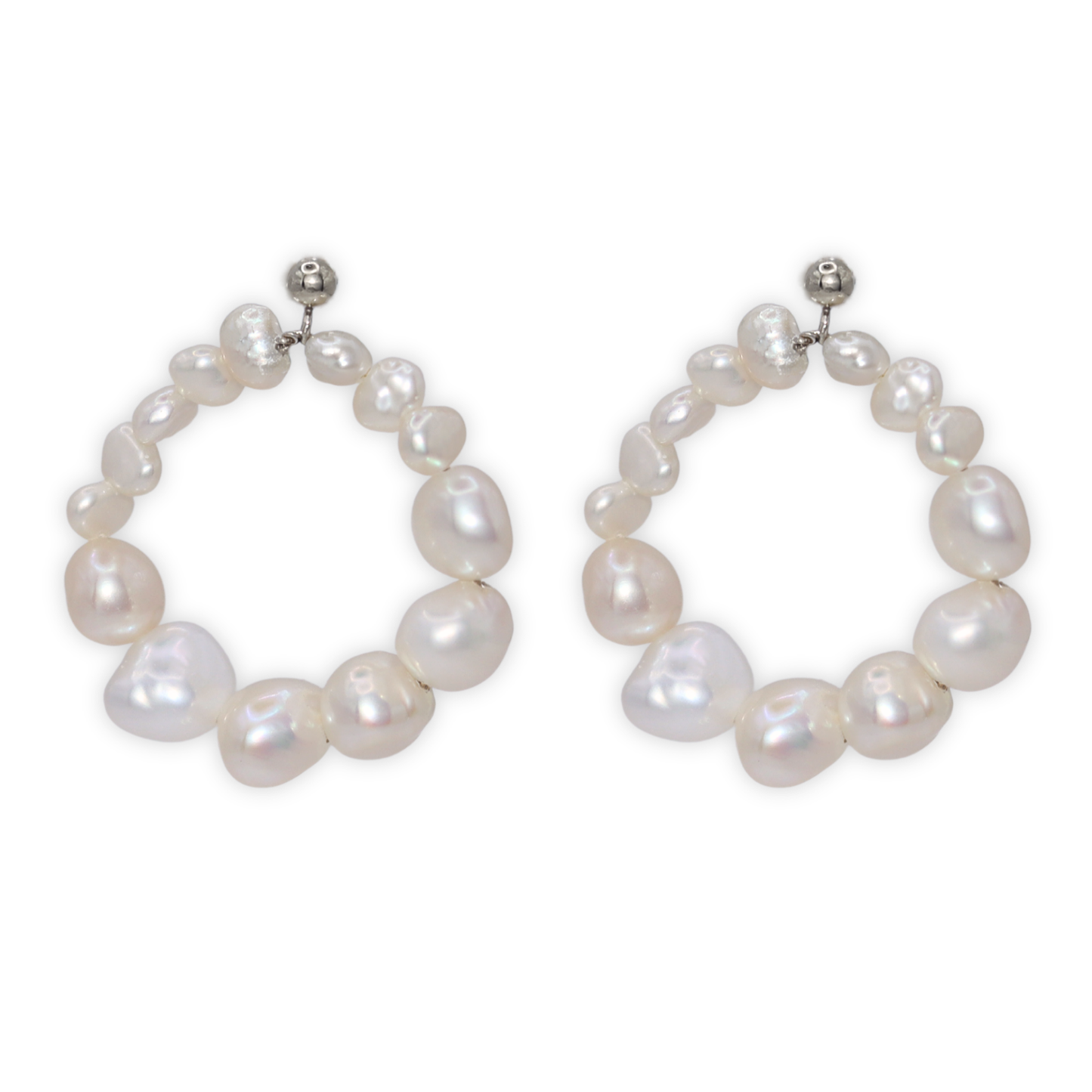 Crafted with a circular style, these earrings feature multi-sized baroque pearls and stud balls for a modern touch.