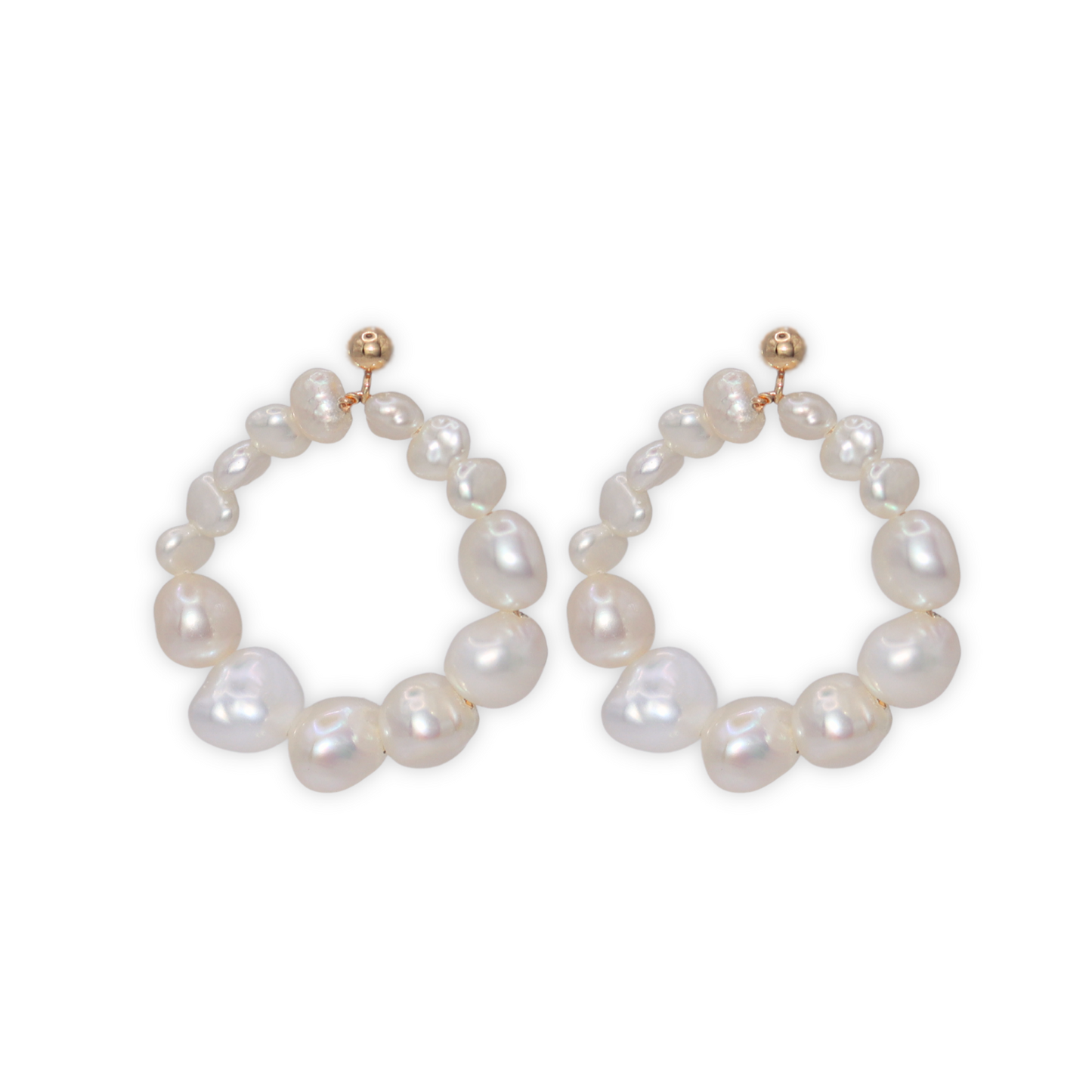 Crafted with a circular style, these earrings feature multi-sized baroque pearls and stud balls for a modern touch.