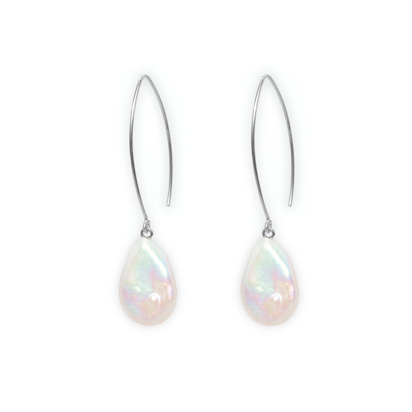 Featuring large flat teardrop pearls and V-shaped pull through design, these earrings exude sophistication and luxury.