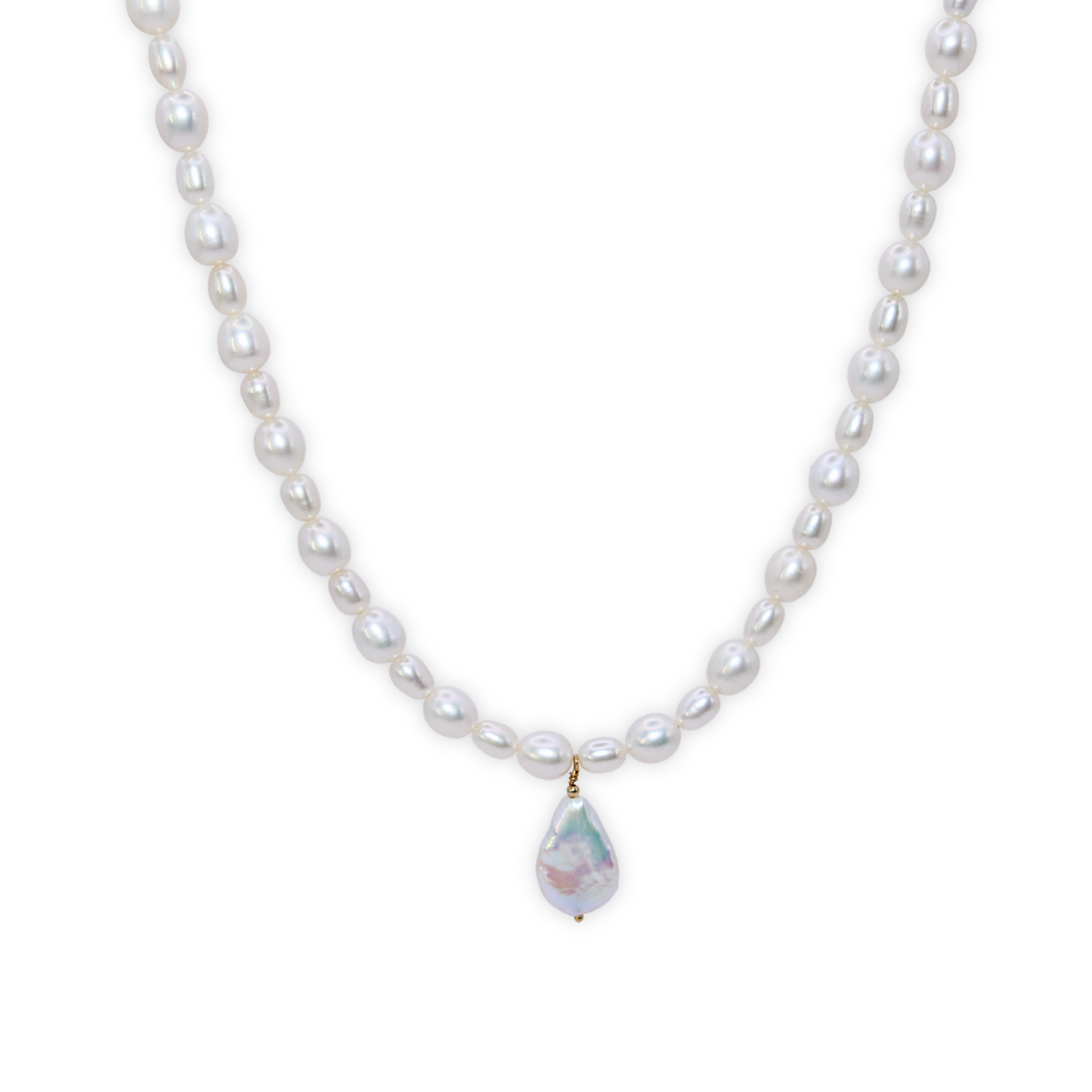 A stunning white pearl necklace adorned with a teardrop pearl pendant, exemplifying elegance and classic style.