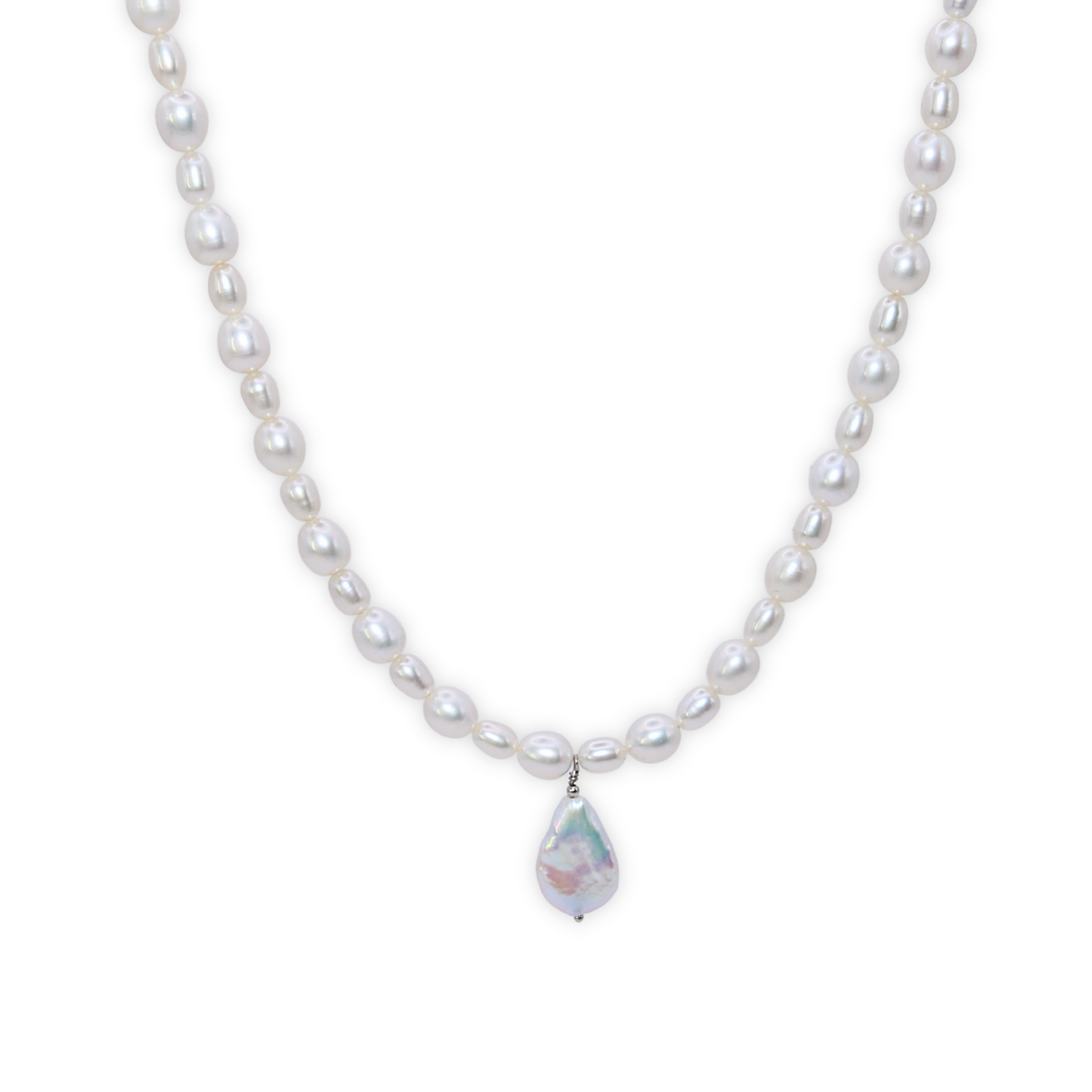 A stunning white pearl necklace adorned with a teardrop pearl pendant, exemplifying elegance and classic style.
