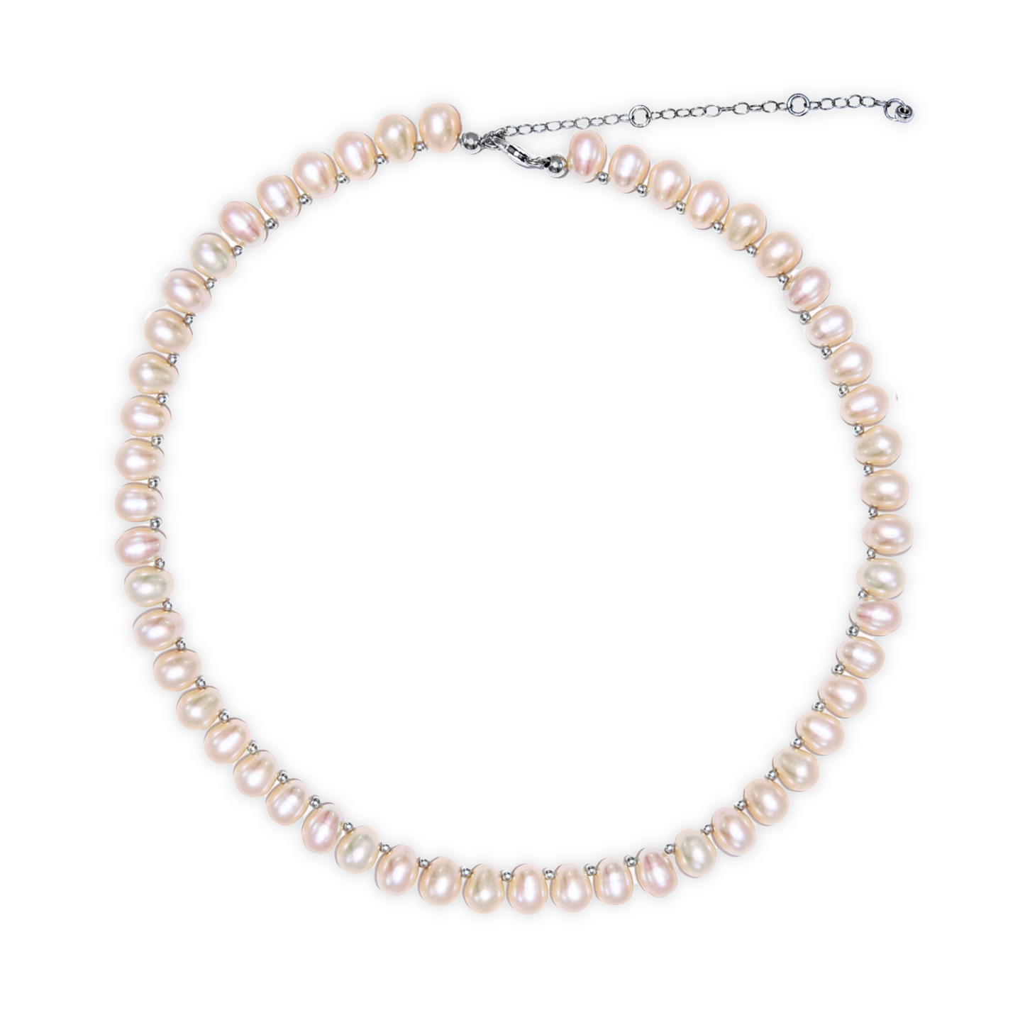 A stunning ivory teardrop pearl necklace complemented by gleaming silver beads, embodying elegance and classic style.