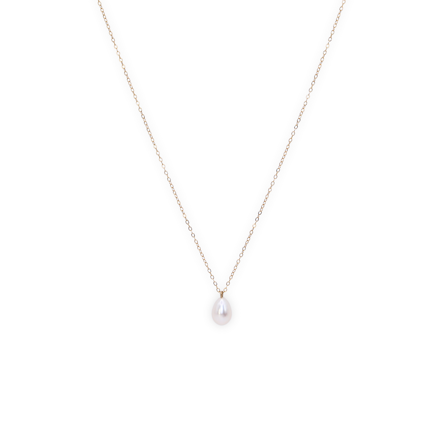 A stunning white teardrop pearl necklace complemented by a gleaming gold chain, embodying elegance and classic style.