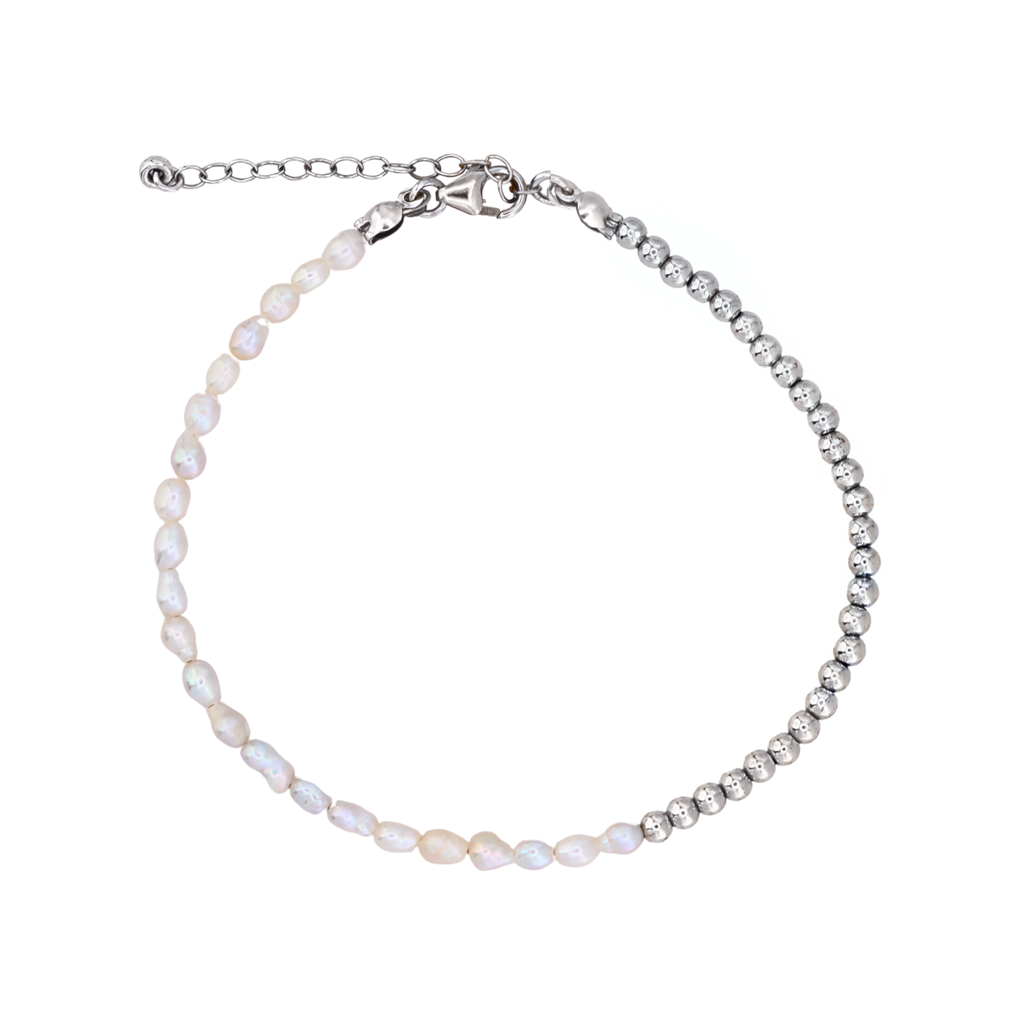 A stunning silver beads and white pearl bracelet, beautifully crafted to enhance any outfit with its refined and classic appeal.