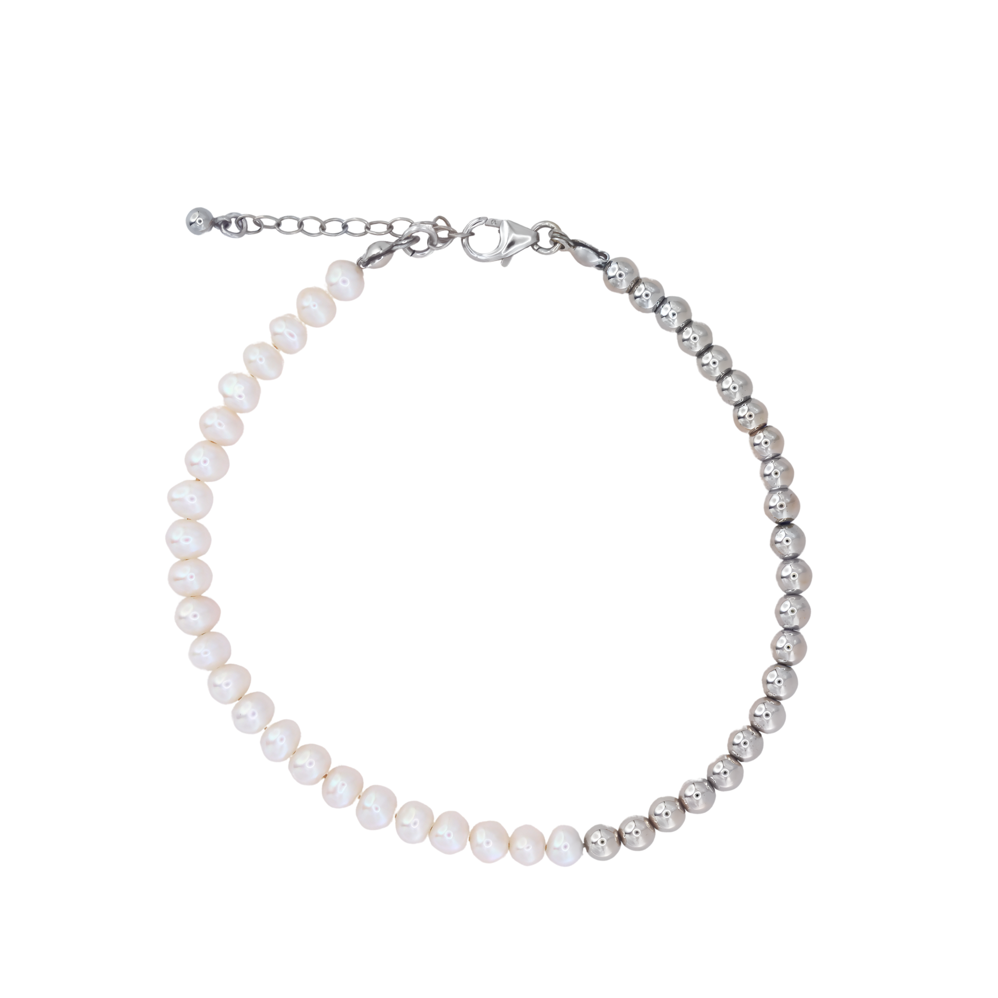 A stunning silver beads and white pearl bracelet, beautifully crafted to enhance any outfit with its refined and classic appeal.