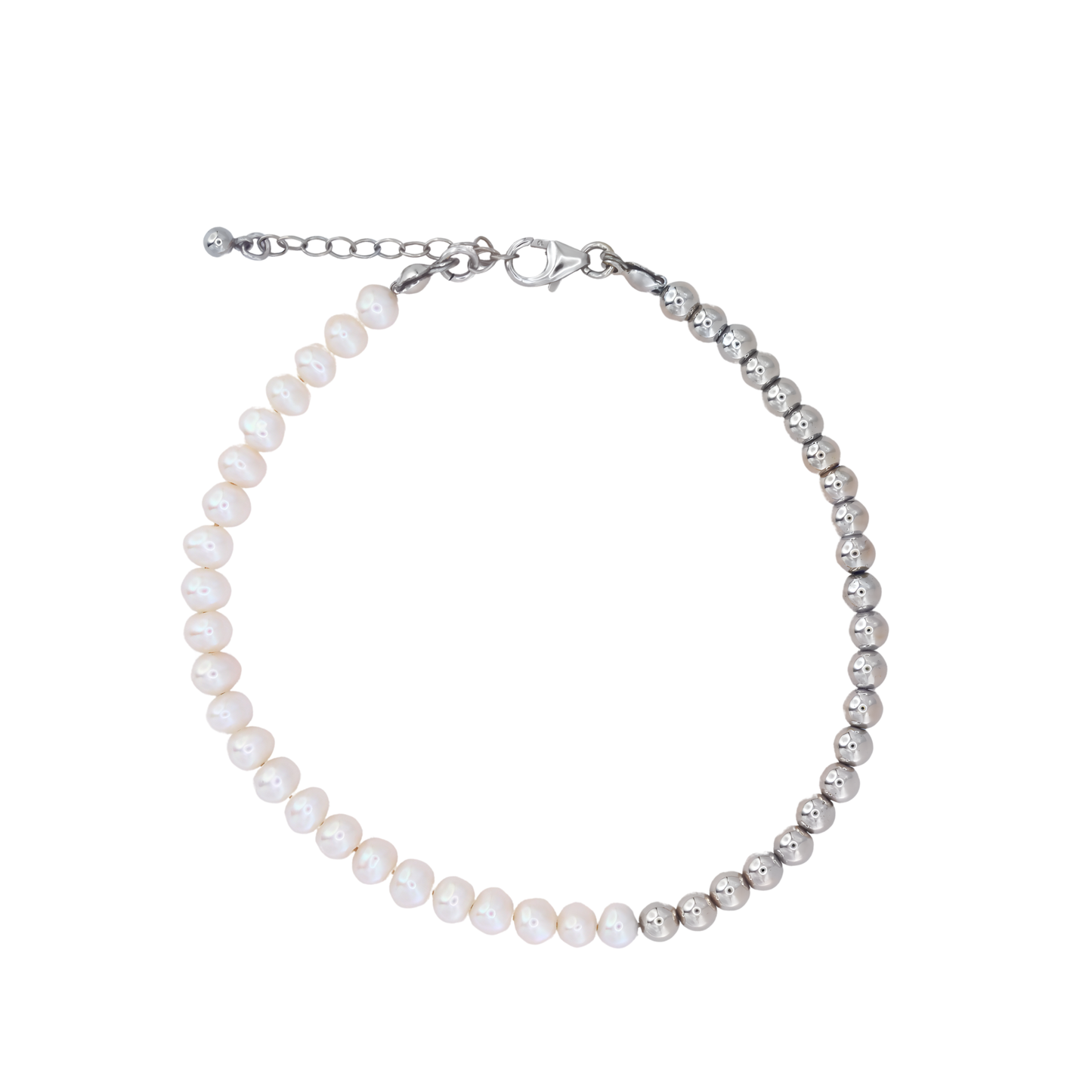 A stunning silver beads and white pearl bracelet, beautifully crafted to enhance any outfit with its refined and classic appeal.