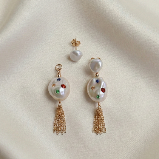 Gemmelle 3 in 1 Convertible Bejeweled Baroque Pearl Tassel Earrings