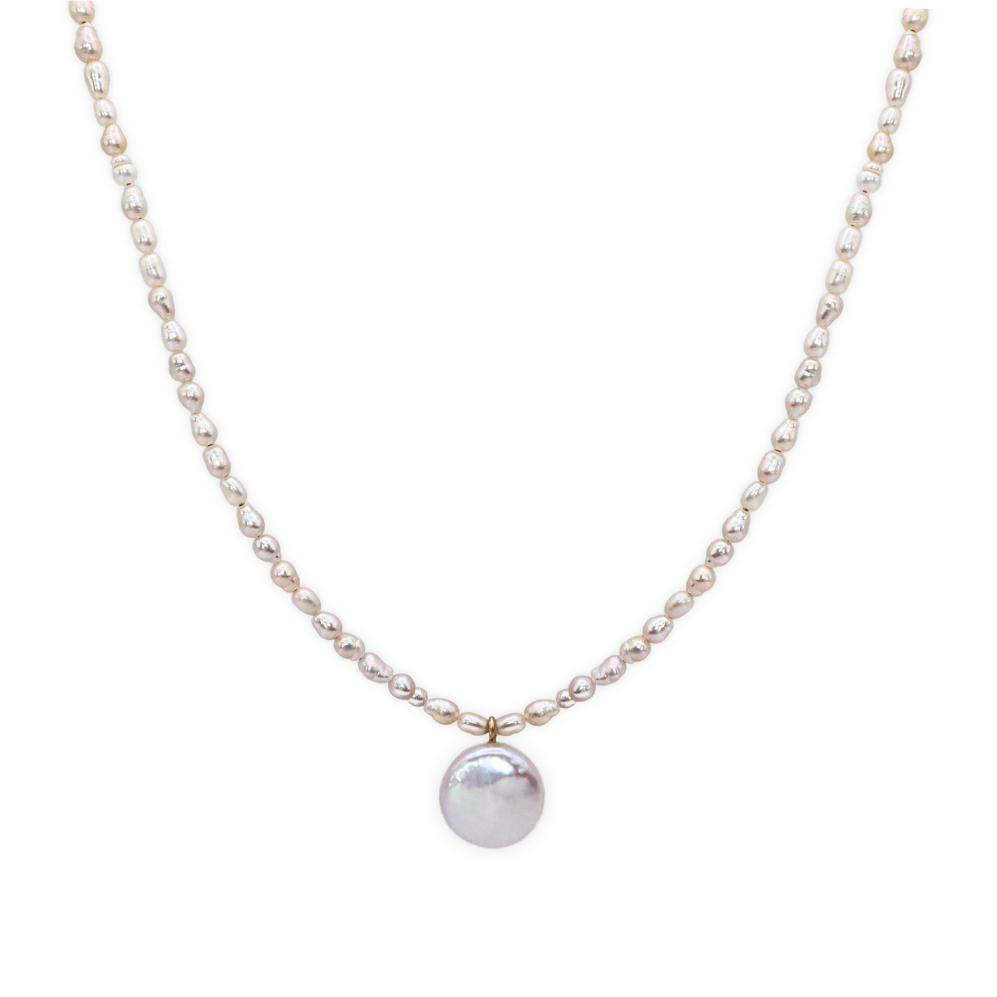 A refined white pearl necklace adorned with a coin pearl pendant, showcasing simplicity and elegance.