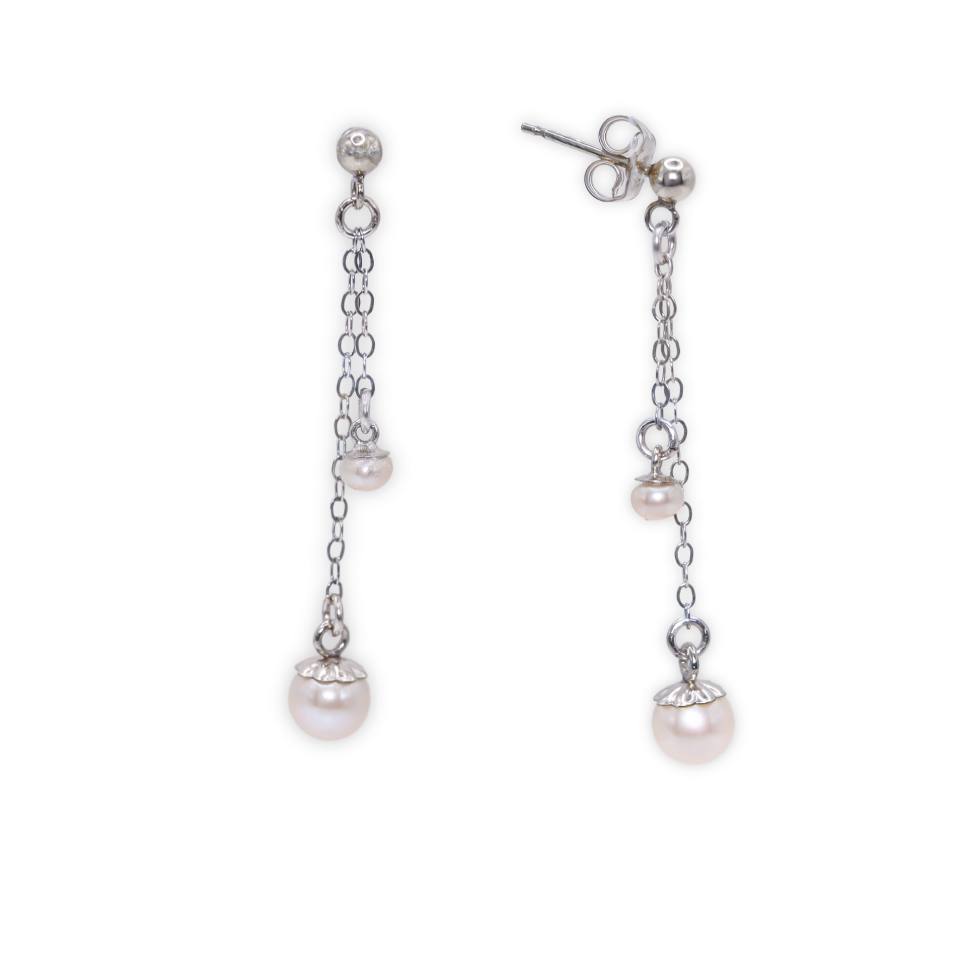 Made with two small pearls delicately dangling on dainty chains, these ball stud earrings add a touch of sophistication to any outfit.