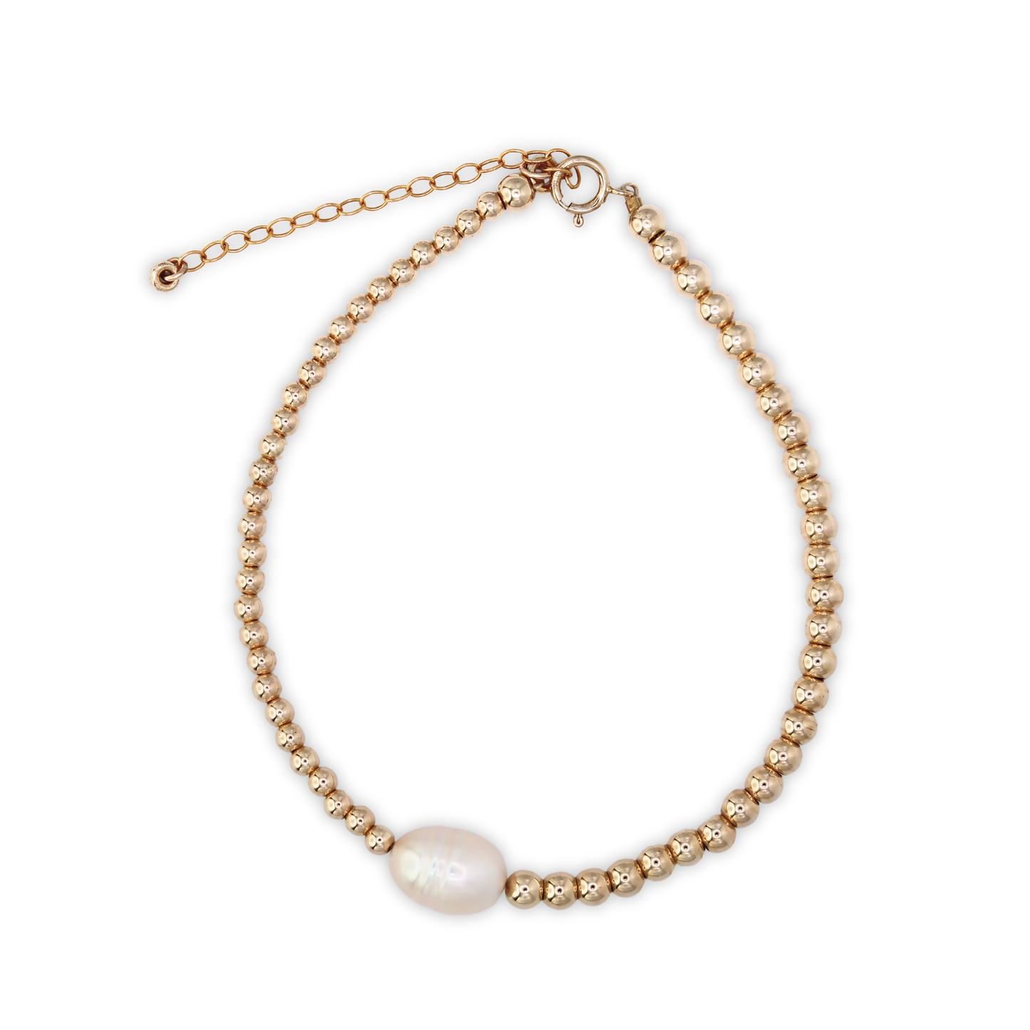 An exquisite gold beads bracelet with a prominent pearl, embodying elegance and timeless beauty.