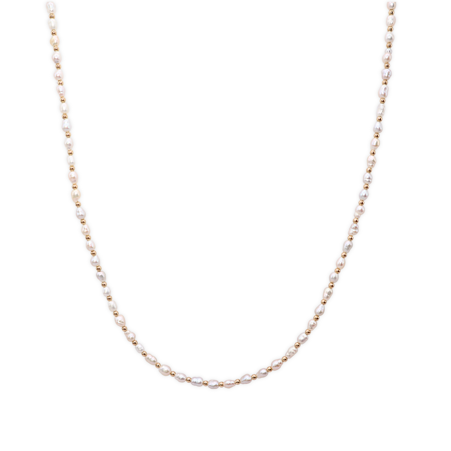 An elegant gold beads and tiny ivory pearls necklace, featuring a harmonious blend of colors and a sophisticated design.