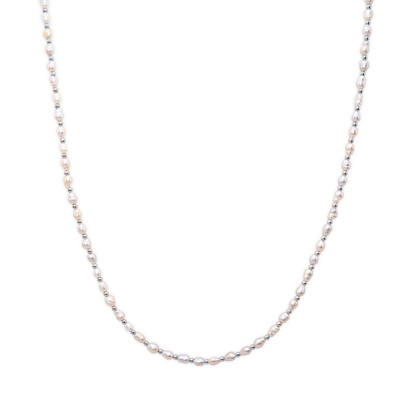 An elegant silver beads and tiny ivory pearls necklace, featuring a harmonious blend of colors and a sophisticated design.