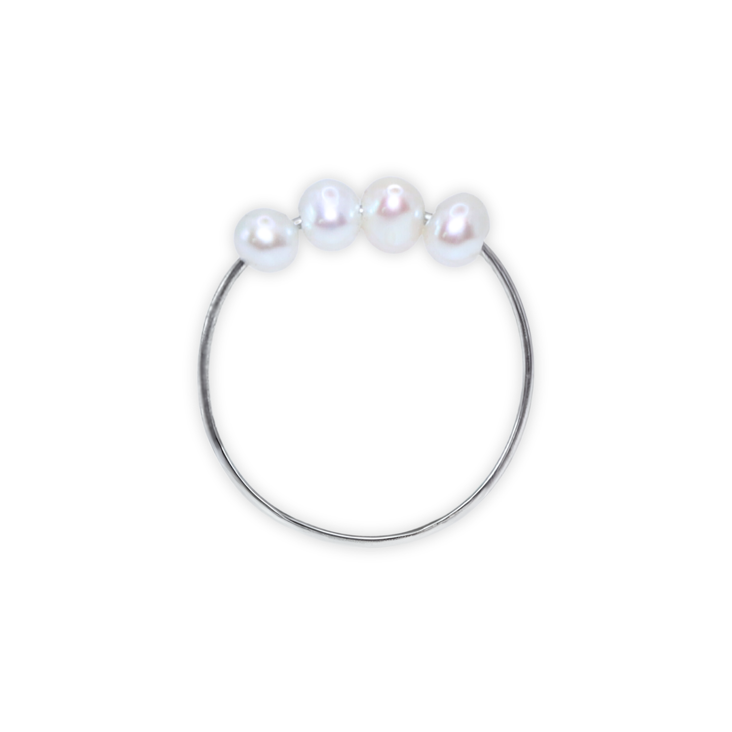 A stunning white pearl ring featuring four exquisite pearls set on a luxurious silver band, radiating elegance and sophistication.