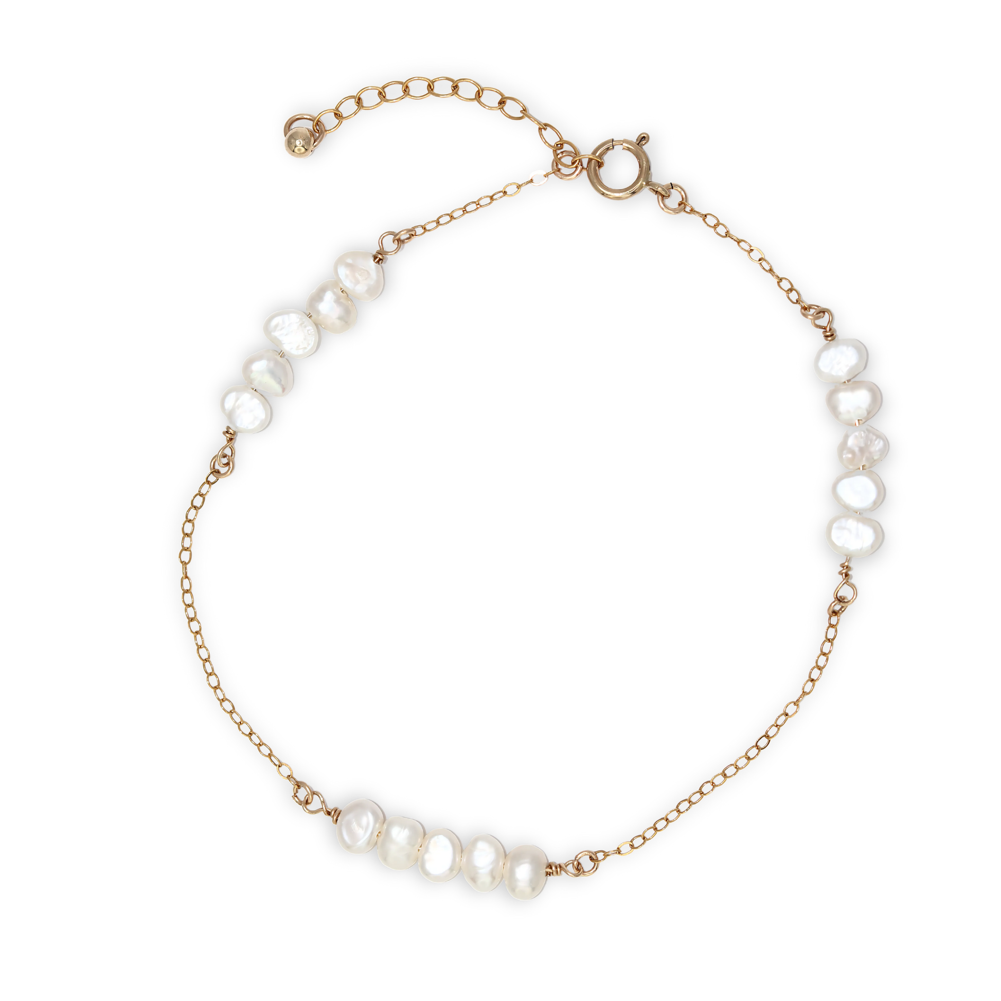 A delicate chain bracelet featuring clusters of four small, lustrous pearls elegantly arranged along its length.