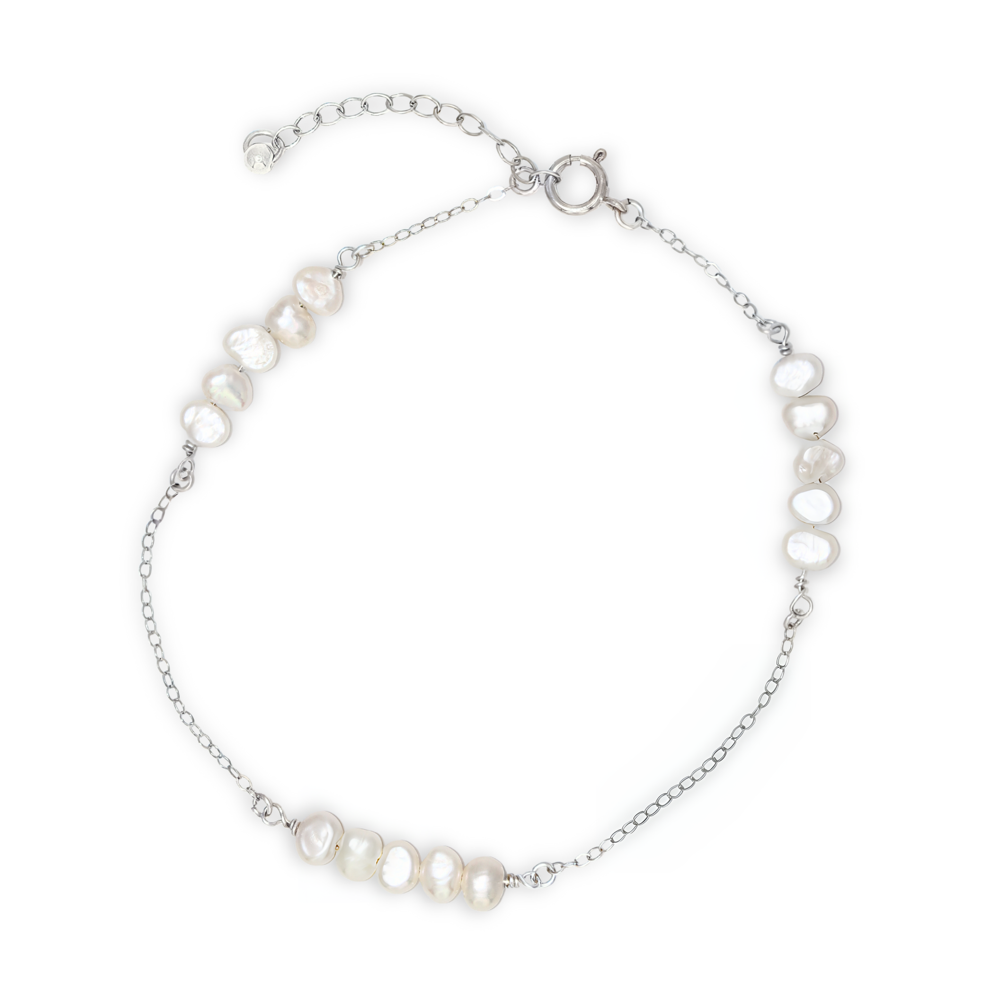 A delicate chain bracelet featuring clusters of four small, lustrous pearls elegantly arranged along its length.
