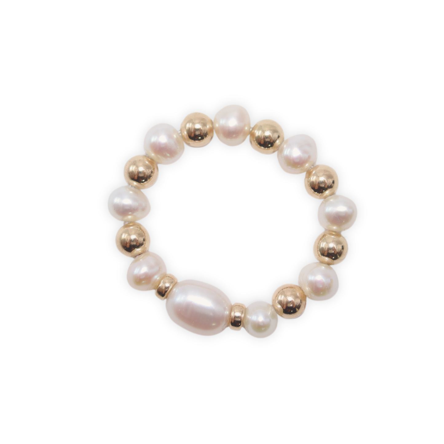 Exquisite gold beads and white pearl ring, a timeless accessory that embodies elegance and refined style.