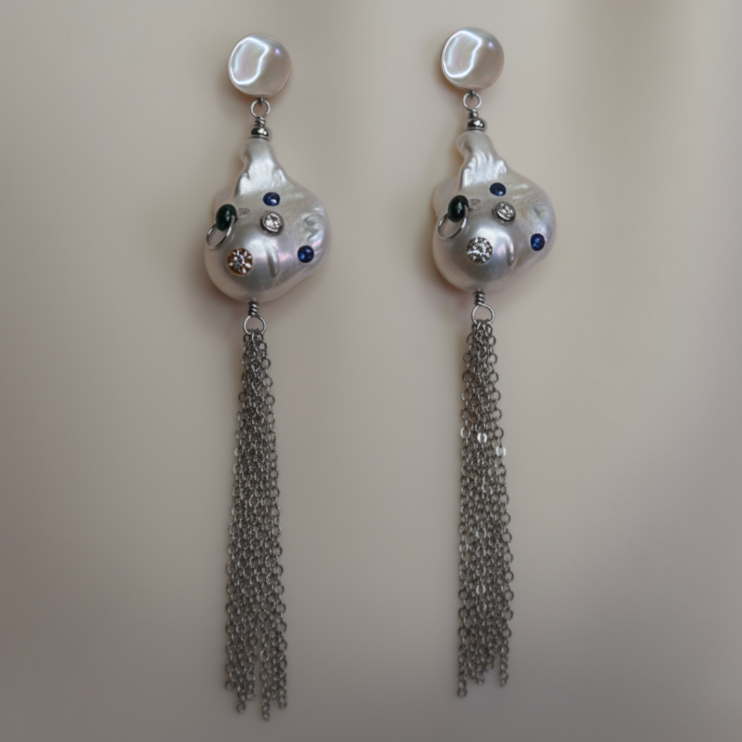 Gemma 3 in 1 Convertible Bejeweled Baroque Pearl Tassel Earrings