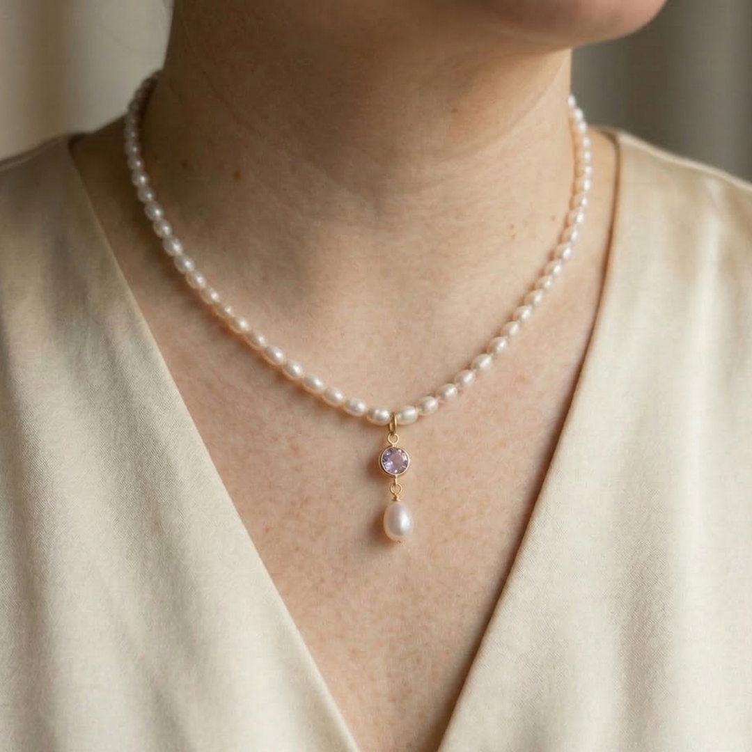 Genevive Birthstone Pendant Pearl Necklace