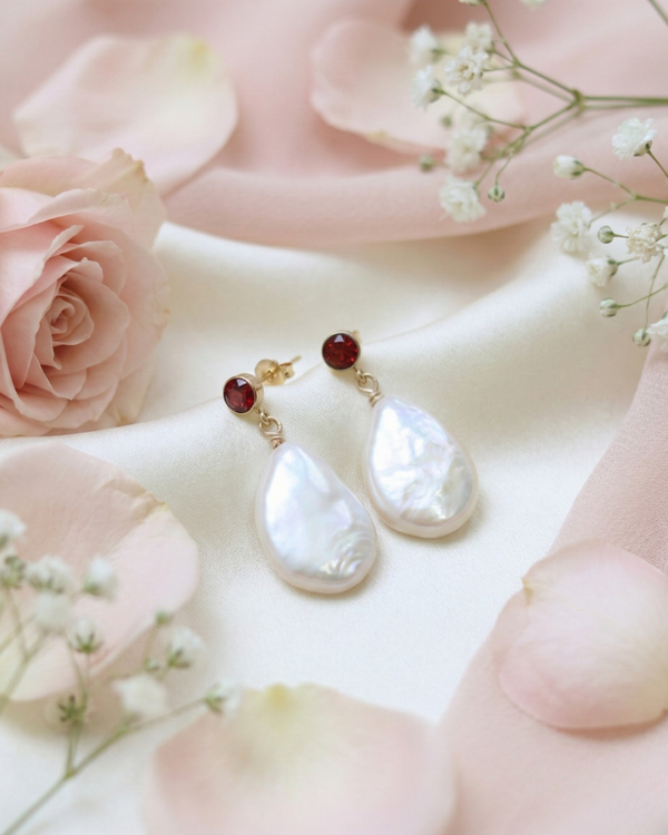 Ophelia Red Zircon and Flat Teardrop Pearl Earrings