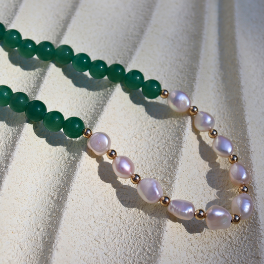 Forest Path - Crystals & Baroque Pearl Necklace with Smooth Metal Accents