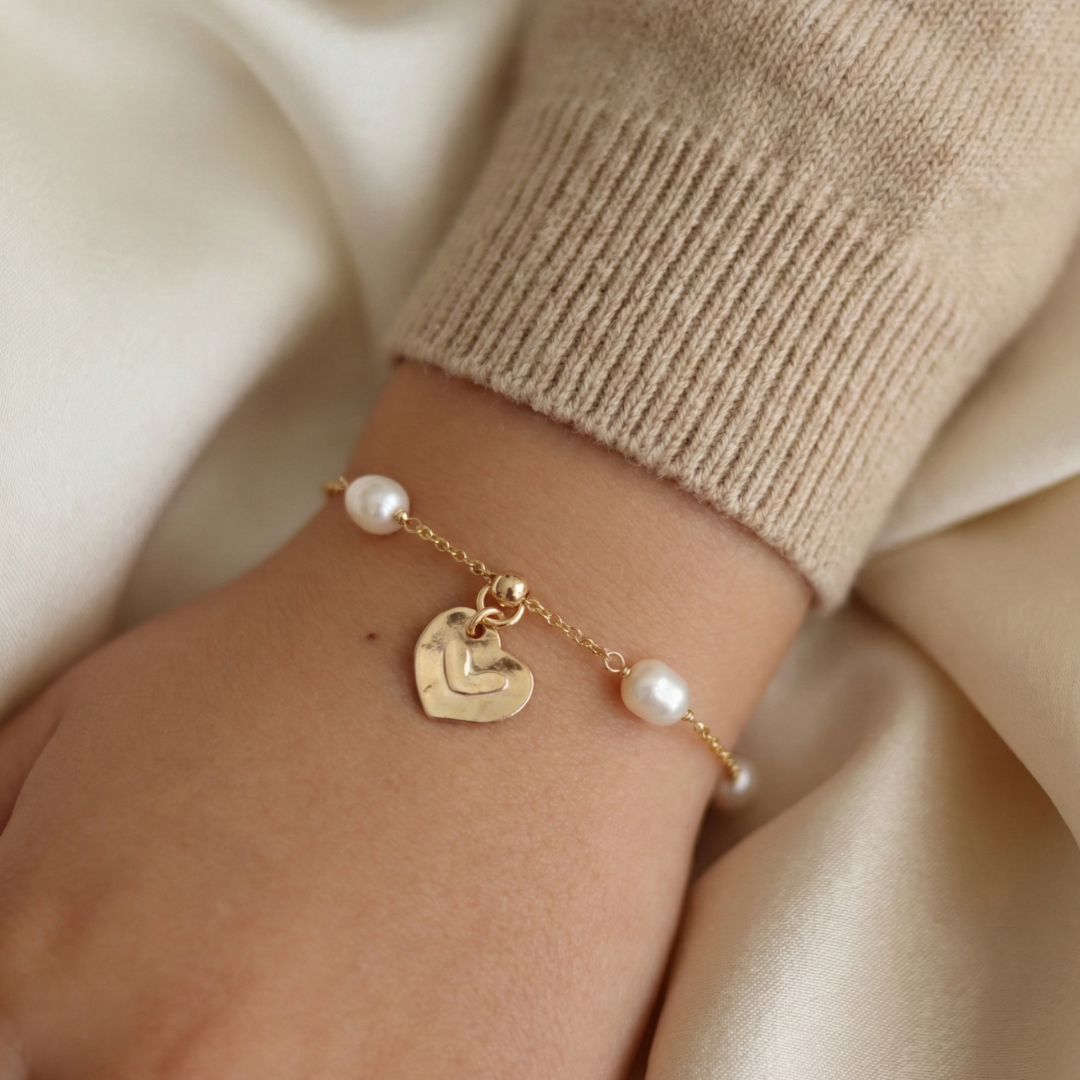 Linked Hearts Pearl Bracelet with Personalised Heart Charm