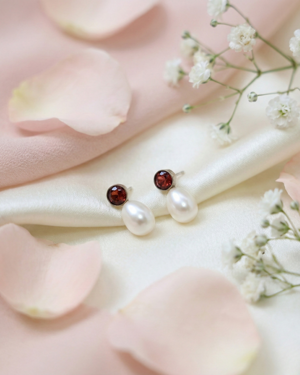 Calla Red Zircon and Teardrop Pearl Earrings