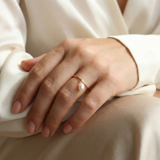 Ella Dainty Teardrop Pearl Dangle Ring